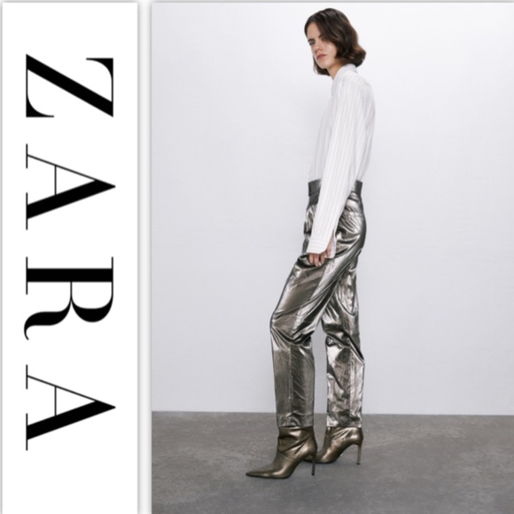 Zara Wrinkled-effect Metallic Trousers NWT - Picture 3 of 12